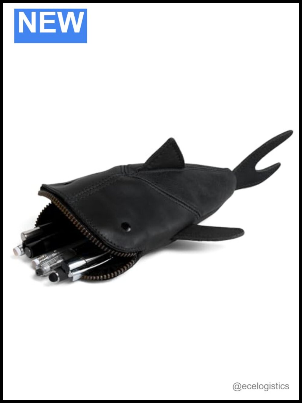 Handmade Full Grain Leather Zippered Coin Pouch Shark Shape Wallet Pencil Purse